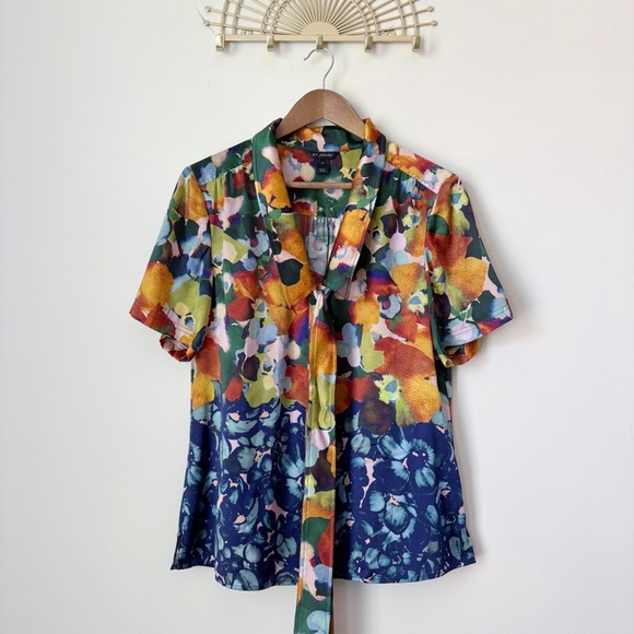 St. John Stretch Silk Blouse 10 Belted Watercolor - Picture 9 of 9